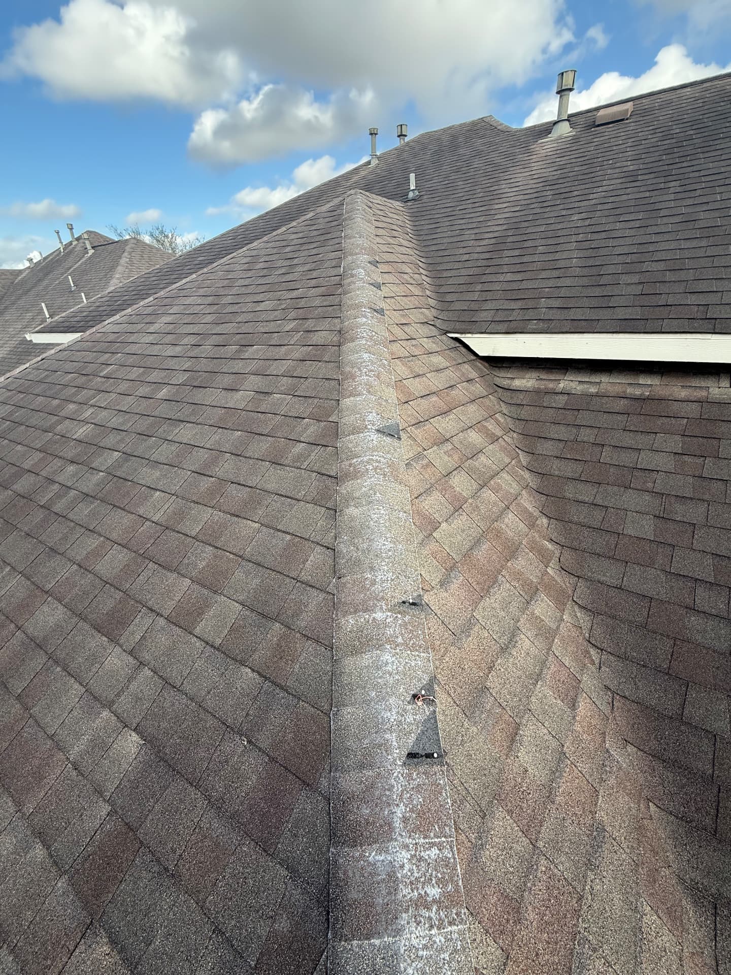 High-angle view of a residential hip roof with variegated architectural asphalt shingles, ridge cap, and metal plumbing vent pipes during a roof inspection