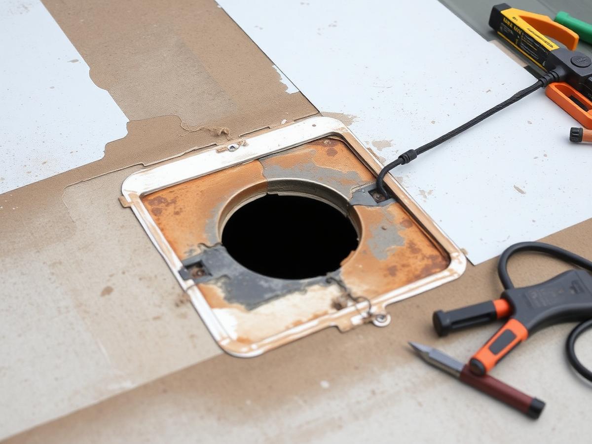 Close-up of a commercial flat roof drain and membrane repair in progress